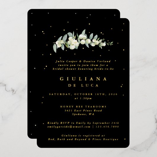 ブラックスエレガントノーベリー+ユーカリブライダルシャワー 箔招待状 (正面/裏面)