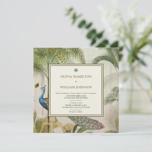 ブラックスクエアトロピカルピーコックパーム結婚ズ 招待状 (スタンド正面)