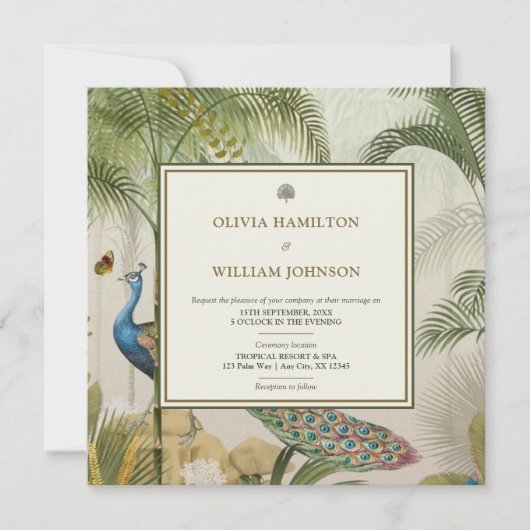 ブラックスクエアトロピカルピーコックパーム結婚ズ 招待状 (正面)