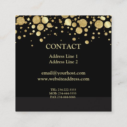 ブラックスクエアビジネスカード上のゴールドフォイル紙吹雪 スクエア名刺 (裏面)