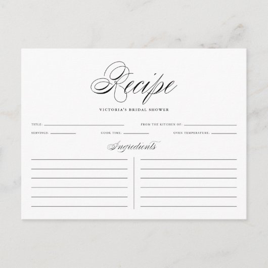 ブラックスクエレガントリプトブライダルシャワーレシピカード ポストカード (正面)