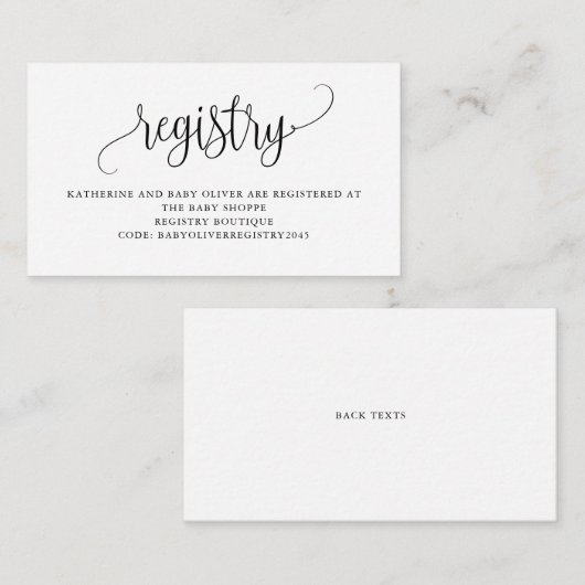 ブラックスクリプかわいらしト赤ちゃんシャワー登録 エンクロージャーカード (正面/裏面)