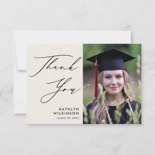 ブラックスクリプエレガントトのミニマル写真卒業 サンキューカード (正面)