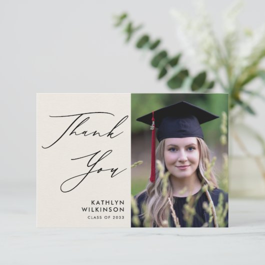 ブラックスクリプエレガントトのミニマル写真卒業 サンキューカード (スタンド正面)