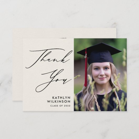 ブラックスクリプエレガントトのミニマル写真卒業 サンキューカード (正面/裏面)
