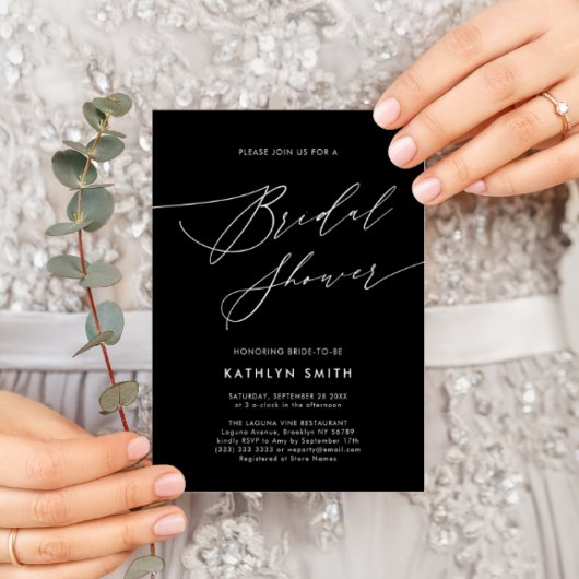 ブラックスクリプエレガントトミニマリストシックブライダルシャワー インビテーションポストカード