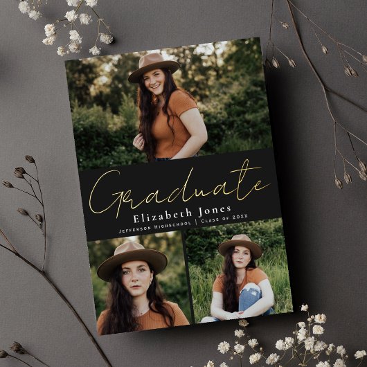 ブラックスクリプトフォイル卒業写真のお知らせ 箔招待状