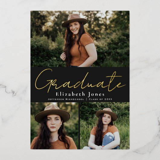 ブラックスクリプトフォイル卒業写真のお知らせ 箔招待状 (正面)