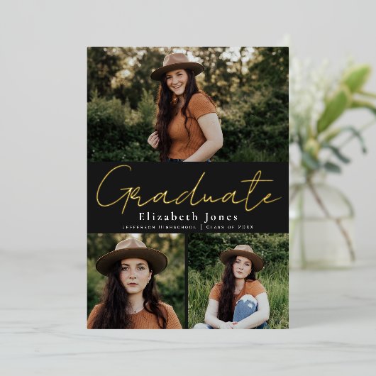 ブラックスクリプトフォイル卒業写真のお知らせ 箔招待状 (立ち正面)