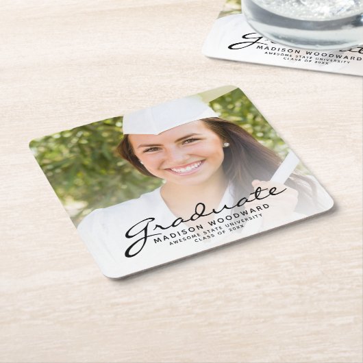 ブラックスクリプトフォト卒業パーティー スクエアペーパーコースター (アングル)