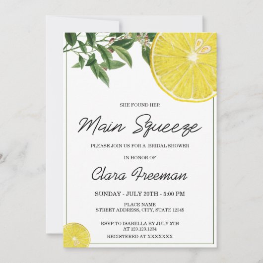 ブラックスクリプトモダンウォーターカラーレモンブライダルシャワー 招待状 (正面)