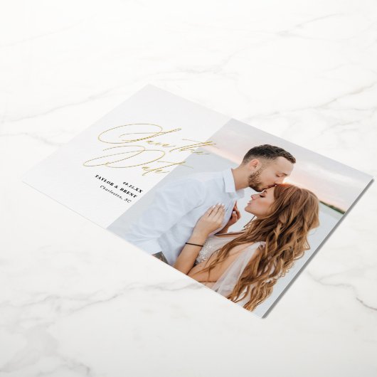 ブラックスクリプト写真 セーブ・ザ・デート 偽のホイル 箔招待状 (回転した状態)