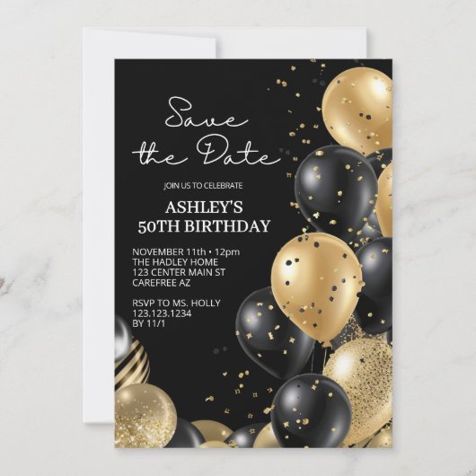 ブラックスクリプト日付のエレガント保存誕生日 招待状 (正面)
