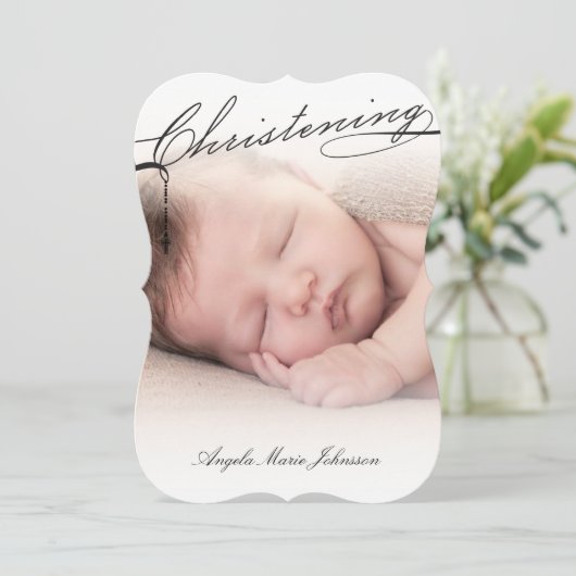 ブラックスクリプト《キリスト教》洗礼式や命名式クロス写真宗教 招待状 (スタンド正面)