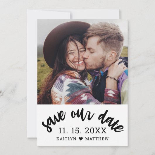 ブラックスクリプモダント写真ミニマル結婚リスト セーブザデート (正面)