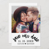 ブラックスクリプモダント写真ミニマル結婚リスト セーブザデート (正面/裏面)