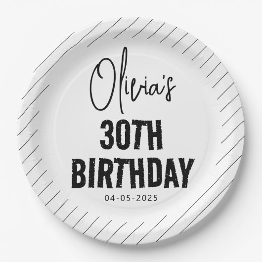 ブラックスクリプモダント30th誕生日シック&ミニマリス ペーパープレート (正面)
