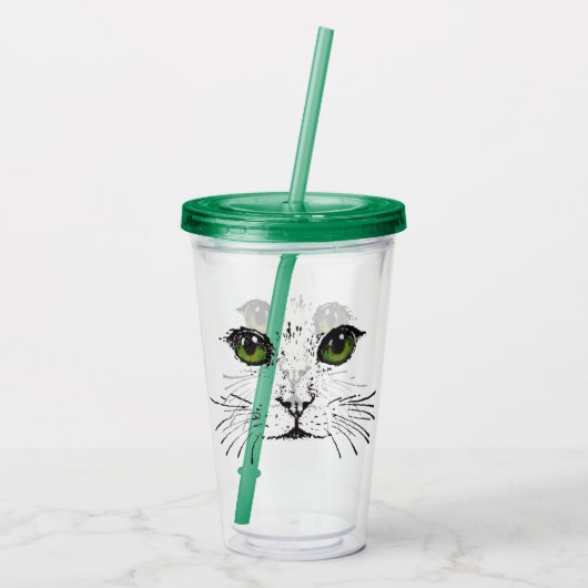 ブラックスケッチの猫の顔ヒゲ緑の目 アクリルタンブラー (裏面)