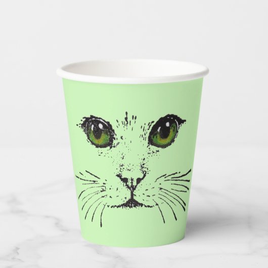 ブラックスケッチの猫の顔ヒゲ緑の目 紙コップ (正面)