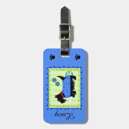 ブラックスコッツティテリア犬の名パーソナライズされた前ブルー ラゲッジタグ (正面縦)