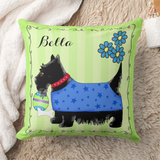 ブラックスコッツティテリア犬の名前パーソナライズされた緑 クッション (ブランケット)