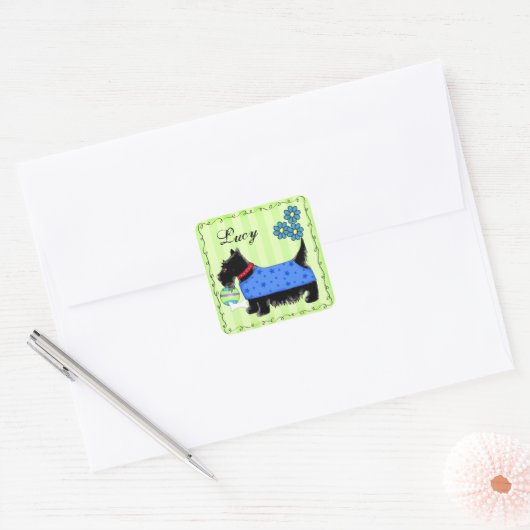 ブラックスコッツティテリア犬の名前パーソナライズされた緑 スクエアシール (封筒)