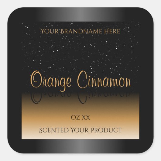 ブラックスタイリッシュオレンジ色の製品ラベルソフトグリッター スクエアシール (正面)