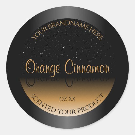 ブラックスタイリッシュオレンジ色の製品ラベルソフトグリッター ラウンドシール (正面)