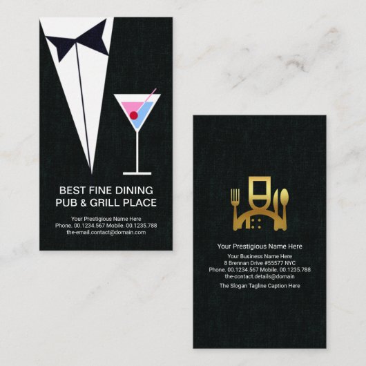 ブラックスタイリッシュタキシードマルティーニレストランパブ 名刺 (正面/裏面)