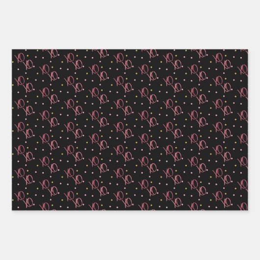 ブラックスタイリッシュバックグラウンドでのピンクの弓ハートとXO ラッピングペーパーシート (正面3)