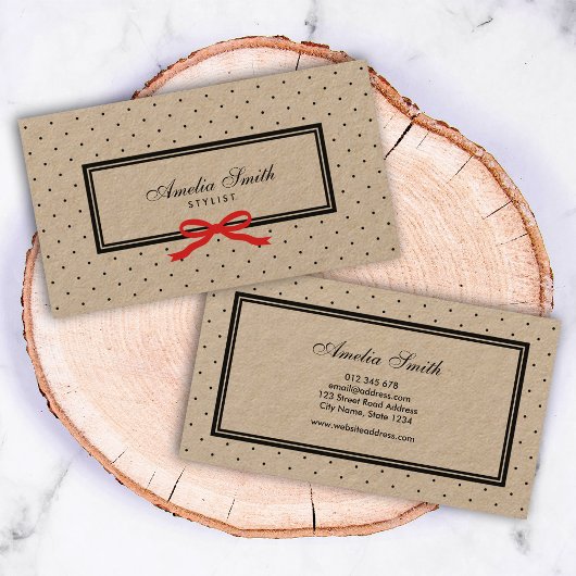 ブラックスタイリッシュ水玉模様とレッドリボンクラフト 名刺