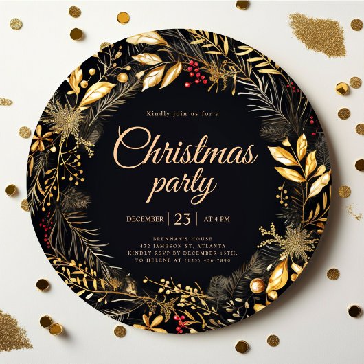 ブラックスタイリッシュ金ゴールドエレガントクリスマスホリデーパーティー 招待状