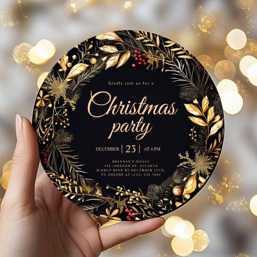 ブラックスタイリッシュ金ゴールドエレガントクリスマスホリデーパーティー 招待状