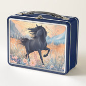 ブラックスタリオンホースガールズ鮮やかワイルドフラワーおもしろい メタルランチボックス (正面)