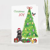 ブラックスタンダードプードル犬、鳥、クリスマスツリー シーズンカード (正面)