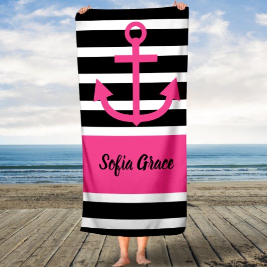 ブラックストライプいかりピンク文字スクリプト名風呂タオル バスタオル