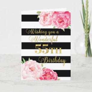 ブラックストライプとピンクフラワーズハッピー55th誕生日 カード