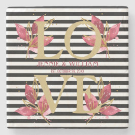 ブラックストライプに恋愛と花の結婚記念日 ストーンコースター