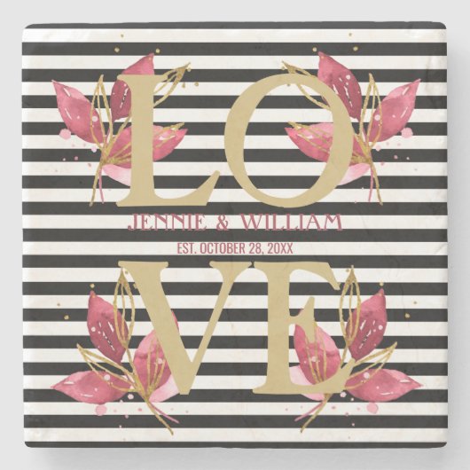 ブラックストライプに恋愛と花の結婚記念日 ストーンコースター (正面)
