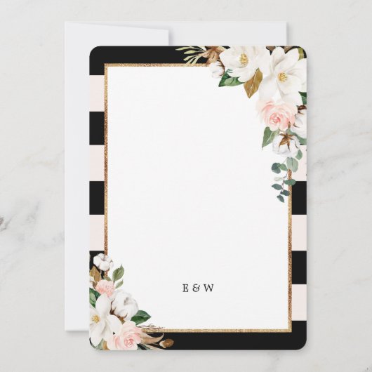 ブラックストライプのとマグノリアのフローラ結婚ズ 招待状 (裏面)