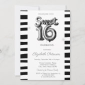 ブラックストライプのシルバー・バルーンスウィート16 招待状 (正面)