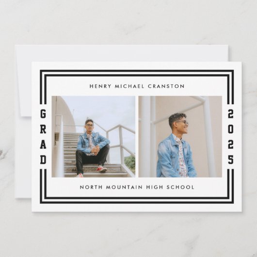 ブラックストライプのツーフォト卒業パーティー 案内状 (正面)