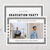 ブラックストライプのツーフォト卒業パーティー 案内状 (正面/裏面)