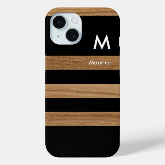 ブラックストライプイニシャル付き木材 Case-Mate iPhoneケース (裏面)