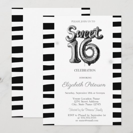 ブラックストライプシルバーバルーンSweet16 招待状 (正面/裏面)