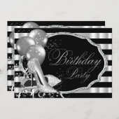 ブラックストライプハイヒールシルバーバースデーパーティー 招待状 (正面/裏面)