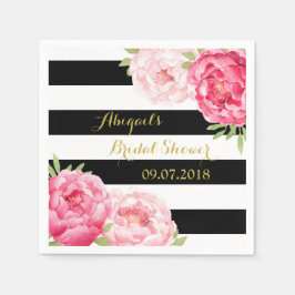 ブラックストライプピンクウォーターカラーブライダルシャワーナプキンス スタンダードカクテルナプキン