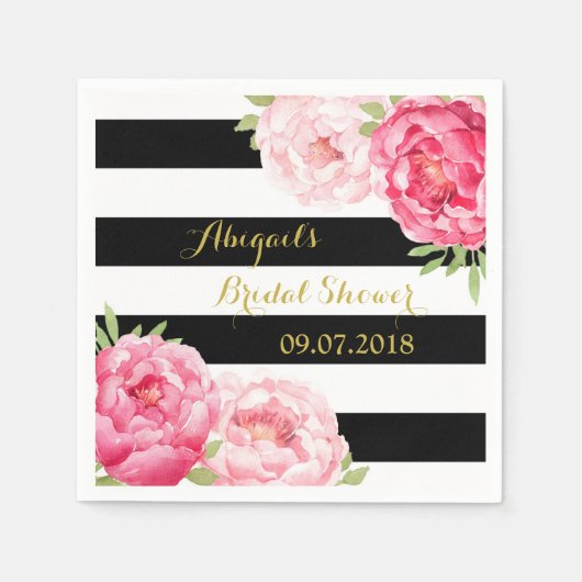 ブラックストライプピンクウォーターカラーブライダルシャワーナプキンス スタンダードカクテルナプキン (正面)