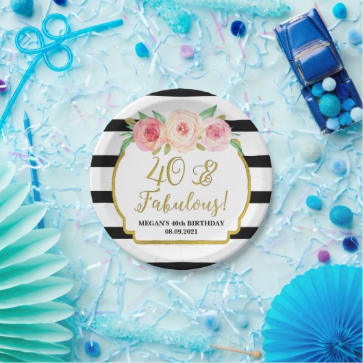 ブラックストライプピンクフローラ40とファボラス誕生日 ペーパープレート (パーティー)