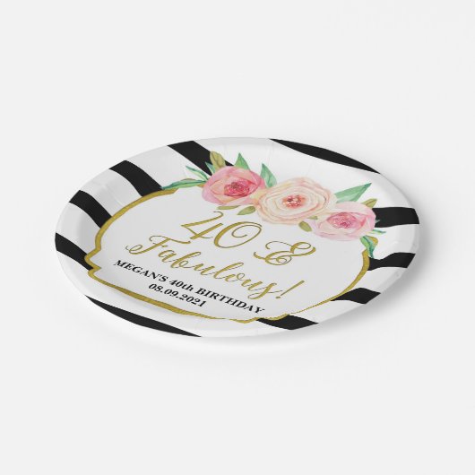 ブラックストライプピンクフローラ40とファボラス誕生日 ペーパープレート (アングル)